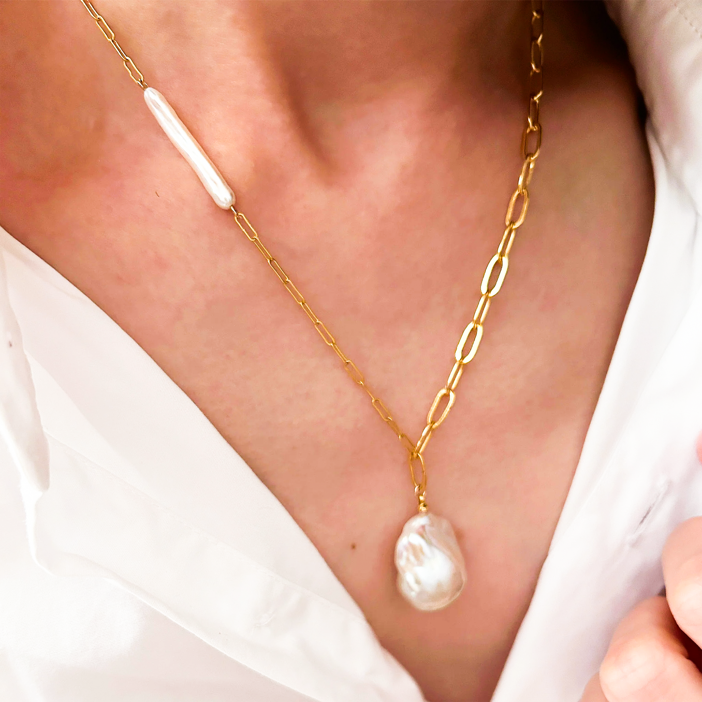 Baroque Pearl Necklace Freshwater Keshi Stick & Large white Fireball Baroque Pearl Minimalist Gold Filled Chain Necklace Mother’s Day